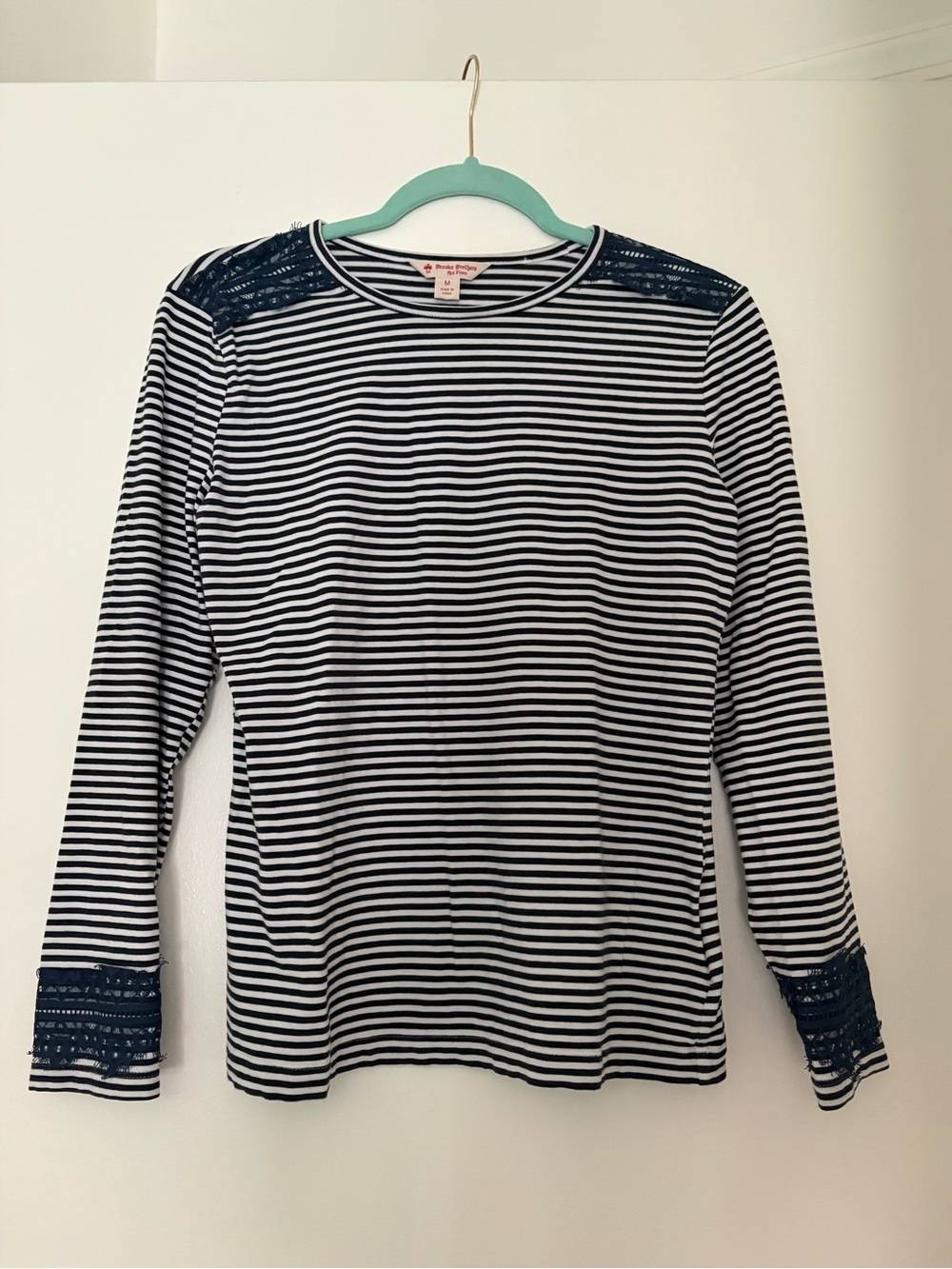 Brooks Brothers Long Sleeve Top with Lace Trim - Navy & White